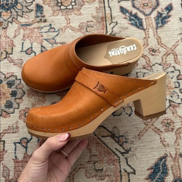 SANDGRENS Dublin Clog Mules Vegetable Tanned Light Wooden Base 38 EU 7-7.5 US - Picture 1 of 6